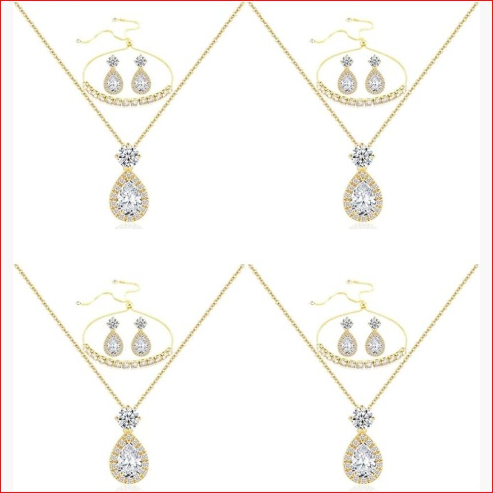 Gold Plated Brass Cubic Zirconia Teardrop Jewelry Set for Weddings
